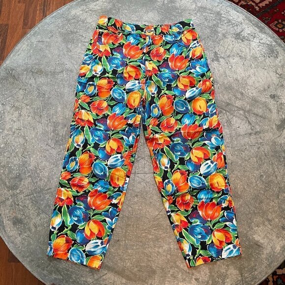Vintage 80s 90s High Waisted Gap Floral Tropical Pants Womens Large - Picture 1 of 12